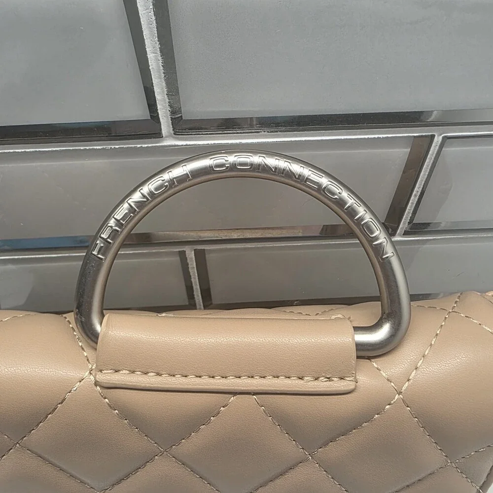 French Connection Quilted‎ Top Handle Crossbody Bag Purse Mell in Latte
